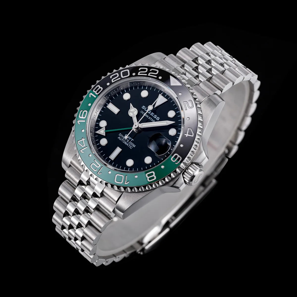 Sugess GMT Diving Watch of Men Automatic Mechanical Waterproof Wristwatches Peacock SL3032 Movement Ceramic Bezel Jubille Band