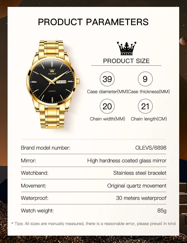 OLEVS Classic Gold Wrist Watches For Top Brand Luxury Business Date Waterproof Luminous Stainless Steel Men Quartz Wristwatch