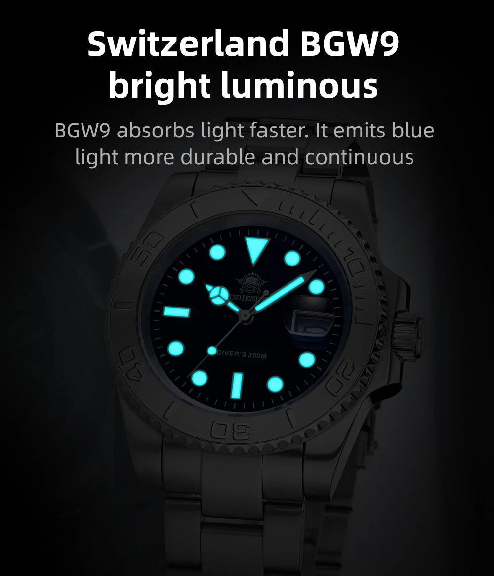 ADDIESDIVE Men's Quartz Watch 200m Waterproof Ceramic Bezel Steel Watch Magnifying Mirror Glass BGW9 Blue Luminous Diving Watch
