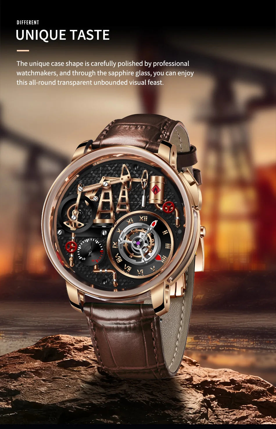 Orologio da uomo PINDU NEW TOP al quarzo con pulsante pompa olio, stile business, 45.5MM, vetro zaffiro, impermeabile, cinturino in pelle