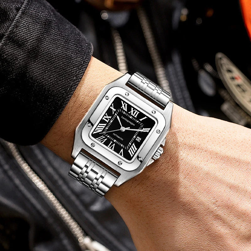 High-End Business Series Men's Watches, Fully Automatic Mechanical Watches, Skeleton Design, Butterfly Clasp Stainless Steel Strap, High-End Luxury Small Square Men's Watches, Fashionable Business Casual Multifunctional Men's