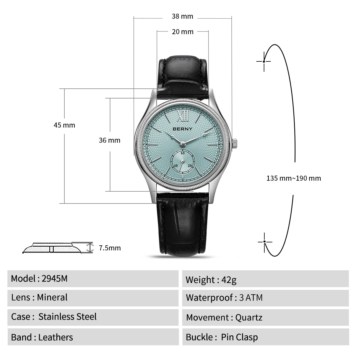 BERNY Men's Watches Slim Luxury Classic Stylish Dress Quartz Watch Fashion Elegance Leather Band Wristwatch