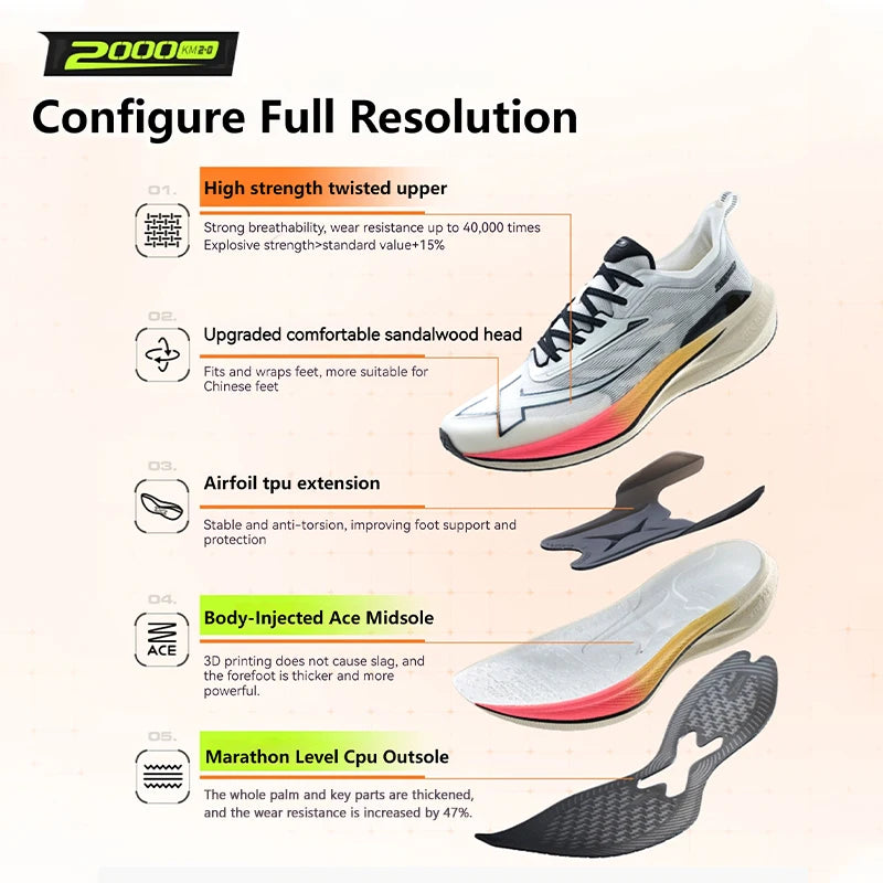 Xtep 2000KM 2.0 Running Shoes Men  Summer Professional TPU Shock Absorption Sneakers (suggest half size down) 876219110043