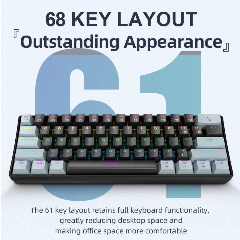 Teclado mecânico mini APAYADO K61, com fio, 61 teclas, Phantom RGB, interruptor mecânico vermelho/azul preto/branco para gaming, 60% portátil