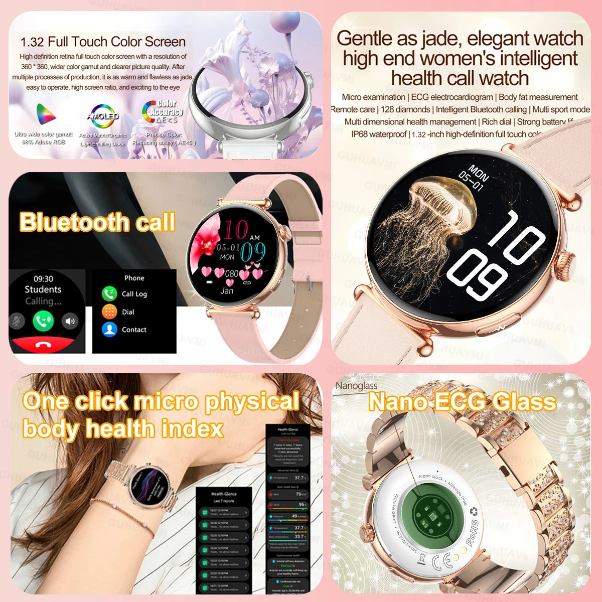 New 1.32inch Smart Watch For Women Health ECG Health Lady Watches Full Touch Screen Call Custom Dial Diamond Strap Smartwatch