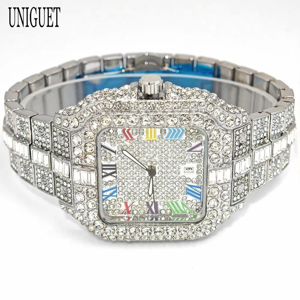 UNIGUET Fashion Diamond Watch for Men Luxury Waterproof Square Quartz Clocks Hip Hop Ice Out Jewelry Wristwatch Male Hot Sell