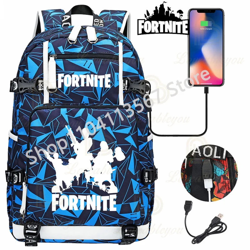 Yule Trooper F-Fortnited Battle Royale Backpack with USB Charging Anime Figures Study Stationery Compartment Students Mochila