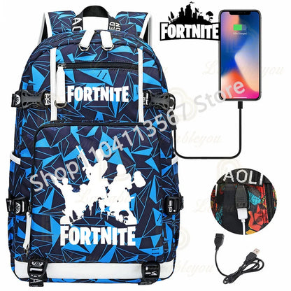 Yule Trooper F-Fortnited Battle Royale Backpack with USB Charging Anime Figures Study Stationery Compartment Students Mochila