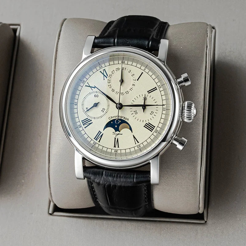 Sugess Men Watch ST1908 Swanneck Movement Mechanical Chronograph Wristwatch Genuine Moonphase Calendar Vintage Leather NEW 2023