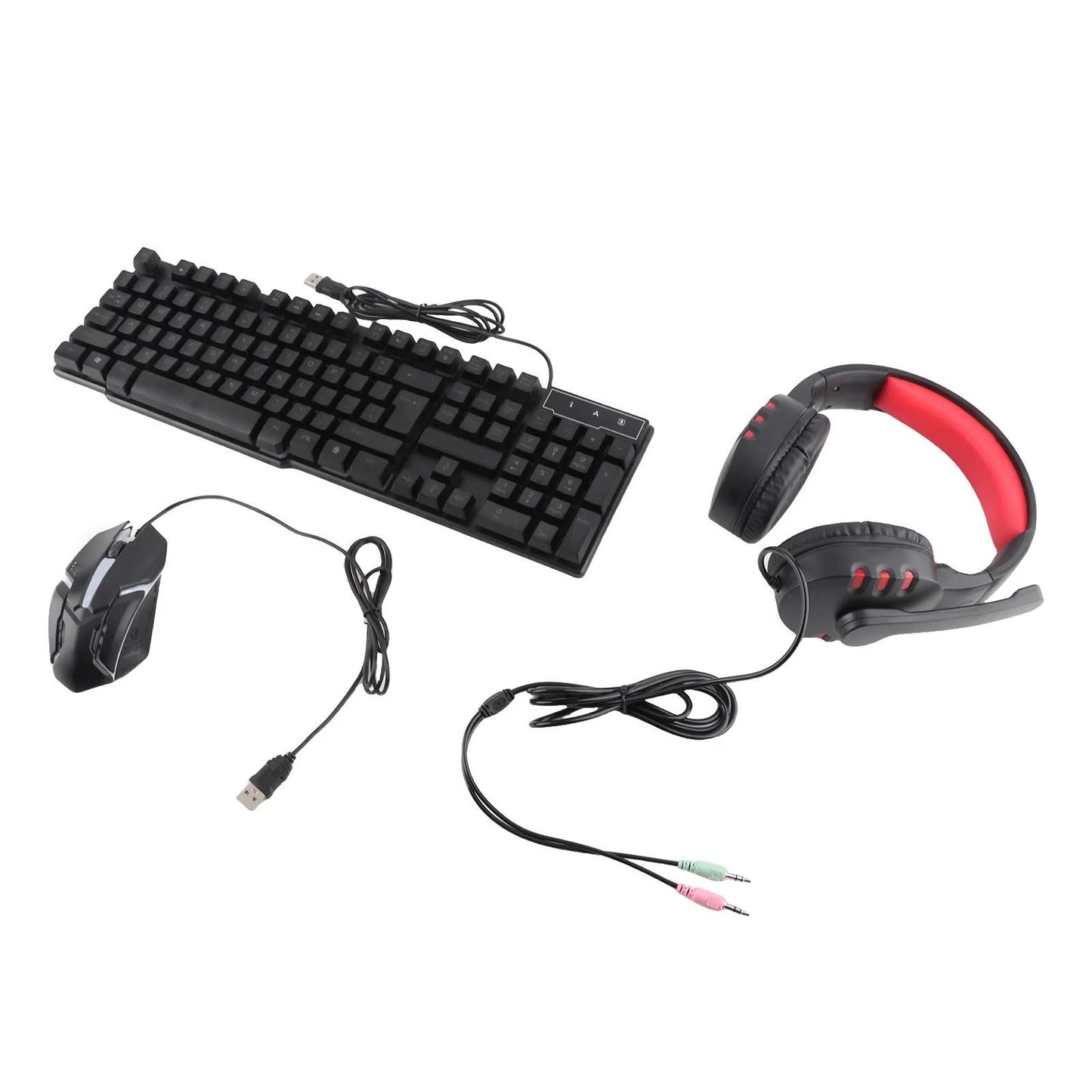 Conjunto Teclado e Rato Gaming 4 Peças Ergonómico, Teclado de 104 Teclas, Rato com Iluminação Respirante de 4 Cores, Auscultadores e Tapete de Rato Antiderrapante