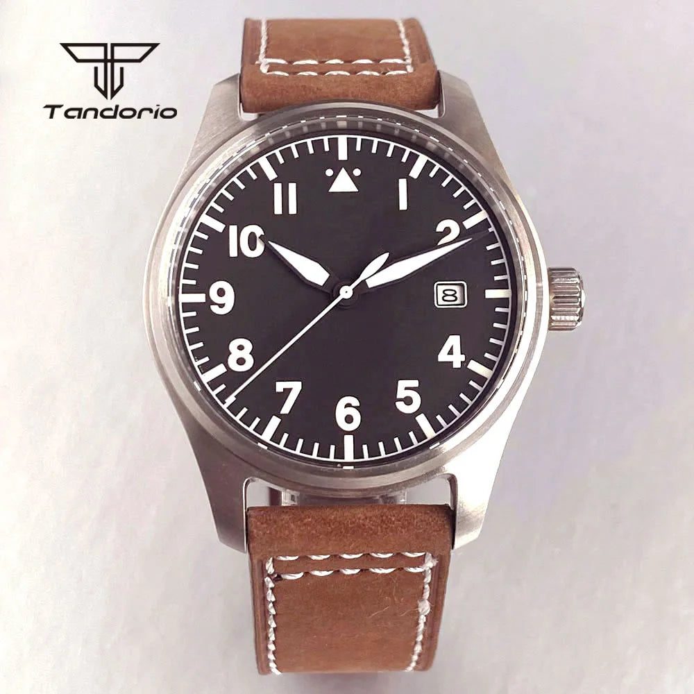 Tandorio 39mm Pilot Men's Diving Automatic Watch AR Sapphire Miyota8215/PT5000 Movt Mechanical Steel Wristwatch 20BAR Green Lume
