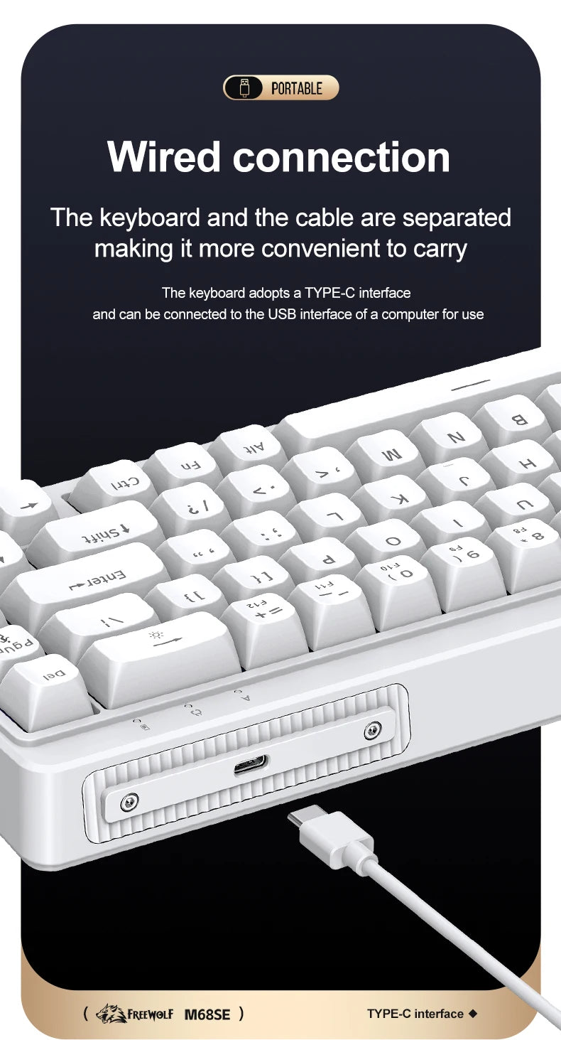 Teclado FREEWOLF M68SE com sensação mecânica, 68 teclas, mini teclado compacto com fios, silencioso, para portáteis, gaming e utilização em escritório
