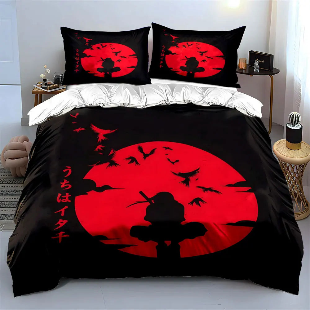 Japanese Ninja silhouette under the red moon Pattern Duvet Cover Set Digital Print Colorful Polyester Bedding with Zipper Closur