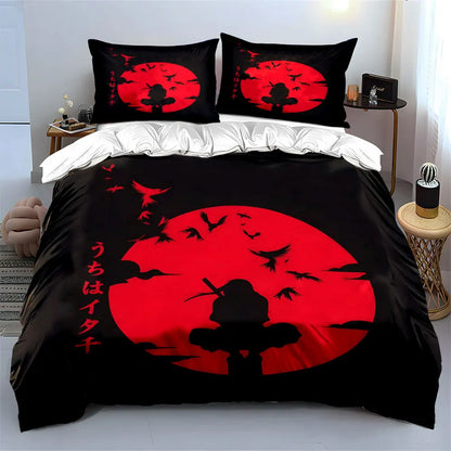 Japanese Ninja silhouette under the red moon Pattern Duvet Cover Set Digital Print Colorful Polyester Bedding with Zipper Closur