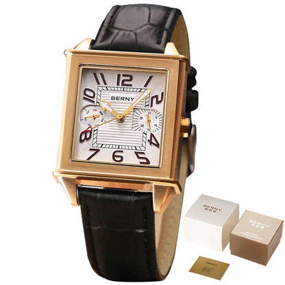BERNY 6P25 Quartz Watch for Men Golden New Square Wristwatch Vintage Day Top Leather 3ATM Waterproof Luxury Watch Male