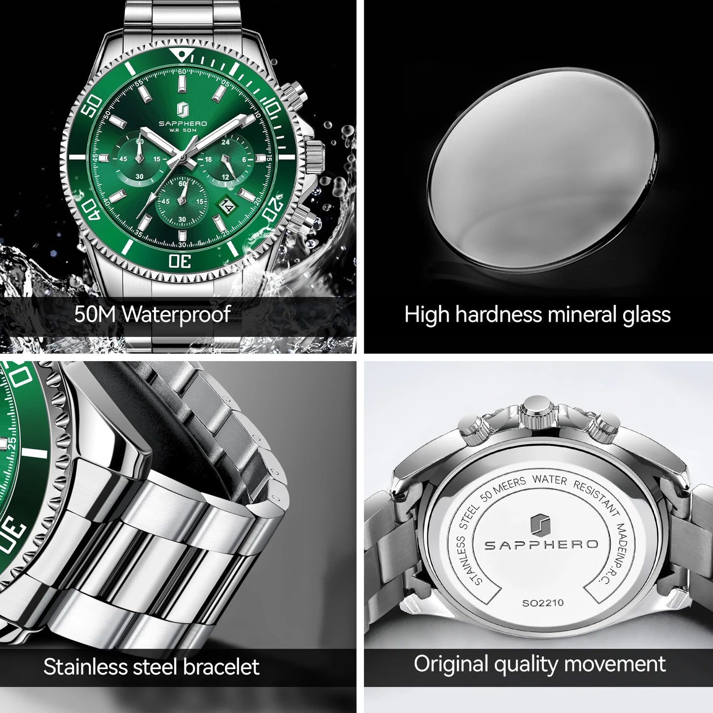 SAPPHERO Men’s Quartz Watch Luxury Chronograph Sport Wristwatch Stainless Steel Waterproof 50M Date Luminous Business Watch