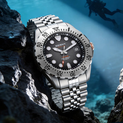 BERNY Men's Automatic Diver Watch Supper Luminous Sapphire AR Coated MIYOTA 8215 316LStainless Steel Single Crown Diving Watches