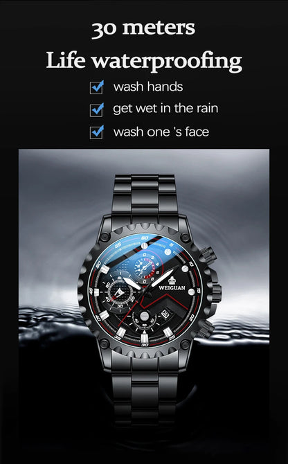 Men's Watch Black Warrior Authentic Trendy Stainless Steel Waterproof Luminous Calendar Male Fashion Quartz Clock Watches Gift
