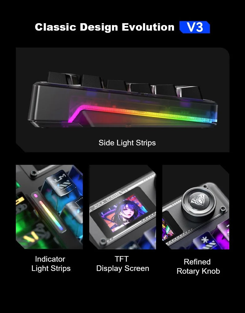 AULA F98Pro V3 Mechanical Keyboard W/ Rotate Button RGB Backlight Screen Tri-Modes Game E-sports Special Carved 95 Keycaps