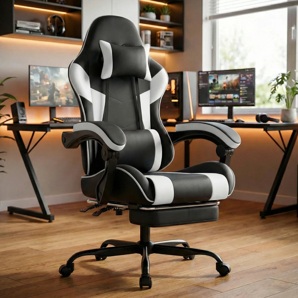 Ergonomic Gaming Chair with Lumbar Support, Adjustable Office Chair, Breathable PU Leather Computer Chair with Footrest & Reclining Backrest