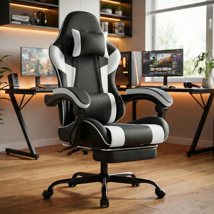 Ergonomic Gaming Chair with Lumbar Support, Adjustable Office Chair, Breathable PU Leather Computer Chair with Footrest & Reclining Backrest