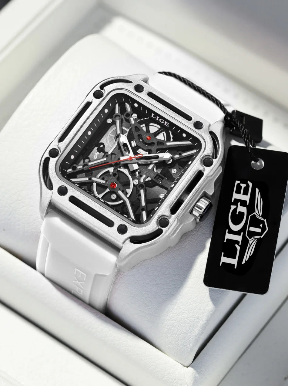 LIGE New Fashion Men Watches Luxury Large Dial Square Design Quartz Watch Casual Silicone Band Men's Sports Watches Reloj Hombre