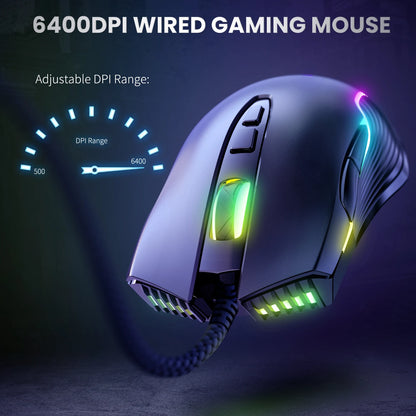 Mouse da gaming cablato ONIKUMA, 6 livelli regolabili, 6400 DPI, 7 pulsanti programmabili, 7 modalità di illuminazione RGB, design ergonomico per gamer PC