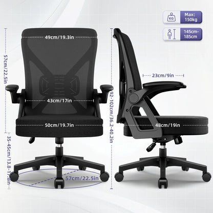 AUTHMIC Ergonomic Office Chair Mesh Back Lumbar Support Flip-Up Armrests Reclining Adjustable Height for Home Office Desk Work