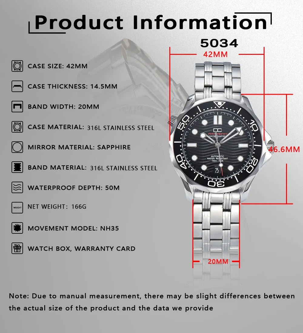 DWAYNE CAMPBELL Top-Luxus-NH35-Automatikuhr für Herren, mechanisch, Keramiklünette, wasserdichte klassische Business-Armbanduhr