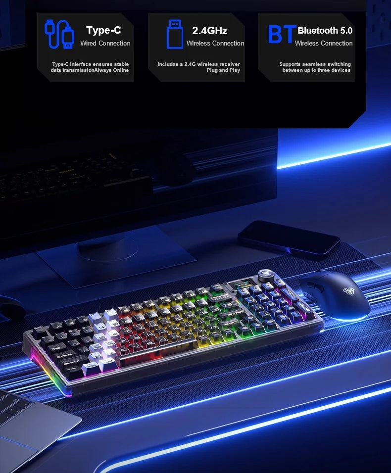 AULA F98Pro V3 Mechanical Keyboard W/ Rotate Button RGB Backlight Screen Tri-Modes Game E-sports Special Carved 95 Keycaps