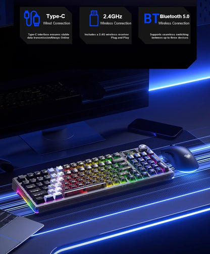 AULA F98Pro V3 Mechanical Keyboard W/ Rotate Button RGB Backlight Screen Tri-Modes Game E-sports Special Carved 95 Keycaps