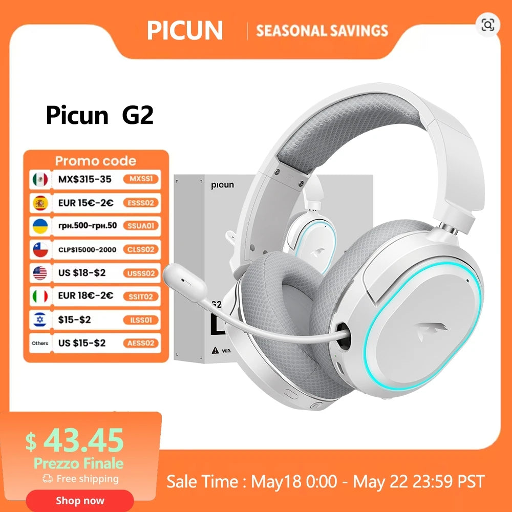 Auscultadores Gaming Sem Fios Picun G2 Bluetooth 5.3 – Som Surround 7.1, Baixa Latência de 5ms e Microfone ENC para PC, PS5, PS4, Switch e Mobile