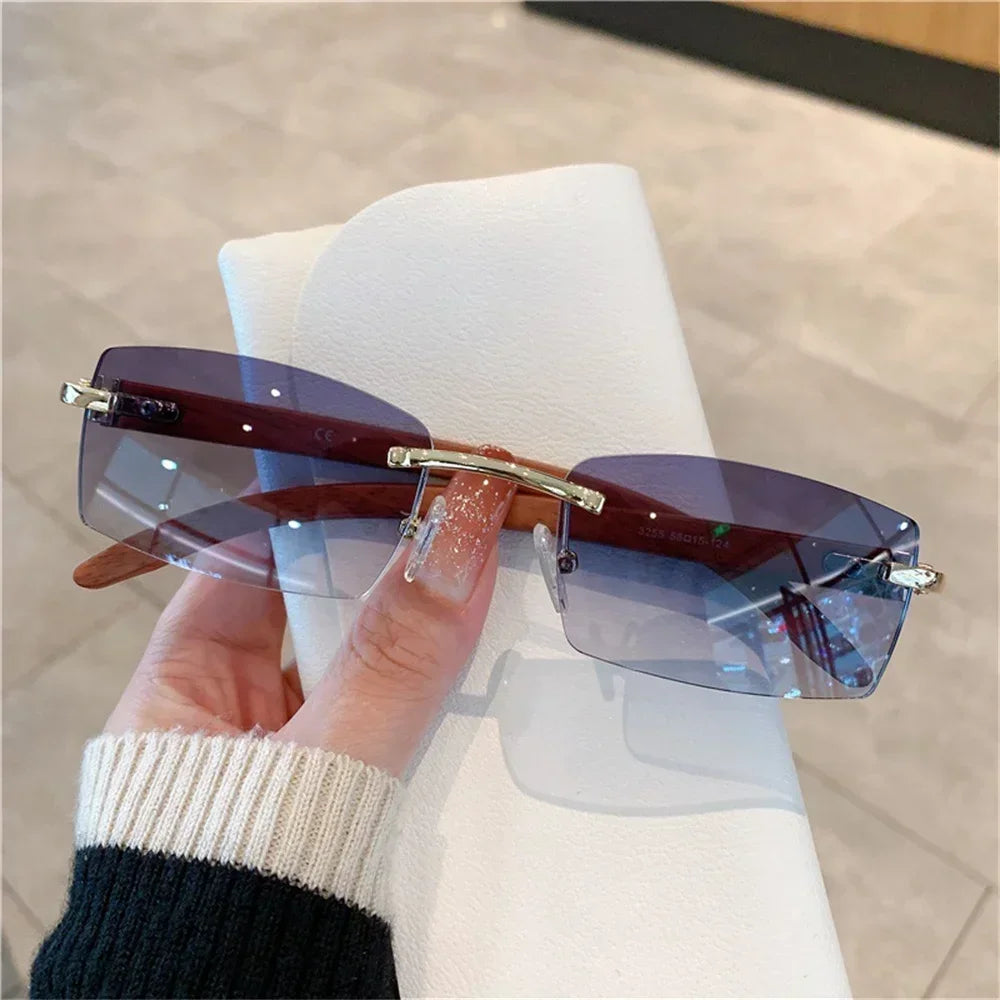 Rectangle Fashion Rimless Sunglasses for Women Men Gangster 90s Frameless Shades Retro Vintage Trendy Wooden Frame Eyewear