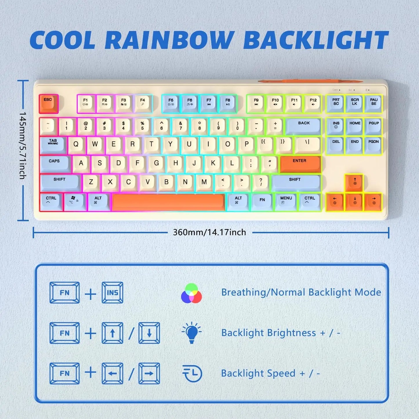 Teclado Gaming Sem Fios Free Wolf M87 75% - Switches Silenciosos, Retroiluminação Rainbow, BT/2.4G, Teclas PBT em Degradé, Design Compacto