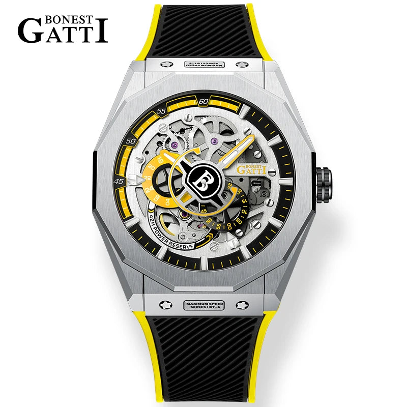 BONEST GATTI BG7601 Men's Automatic Mechanical Watch Sapphire Crystal Waterproof Luminous Rubber Strap Wristwatch