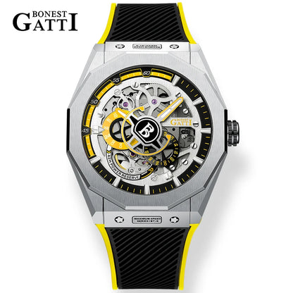 BONEST GATTI BG7601 Men's Automatic Mechanical Watch Sapphire Crystal Waterproof Luminous Rubber Strap Wristwatch