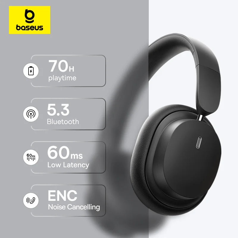 Auscultadores Over-Ear Sem Fios Bluetooth 5.3 Baseus – Driver HiFi de 40mm, Headset Dobrável com 70H de Autonomia e Áudio Espacial