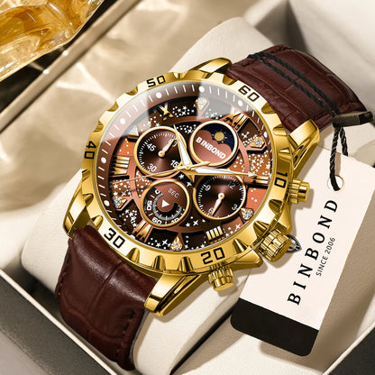 Montre-bracelet à quartz BINBOND authentique et précise pour homme, chronographe lumineux étanche de luxe avec bracelet en cuir.