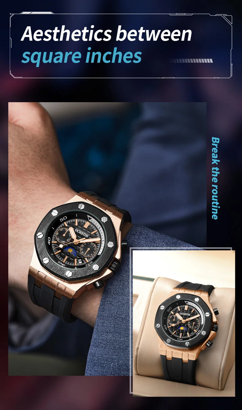 OCHSTIN Automatic Men Watches Luxury Designer Octagon Bezel Mechanical Date Day Night Dial Luminous Male Trendy Sport Wristwatch