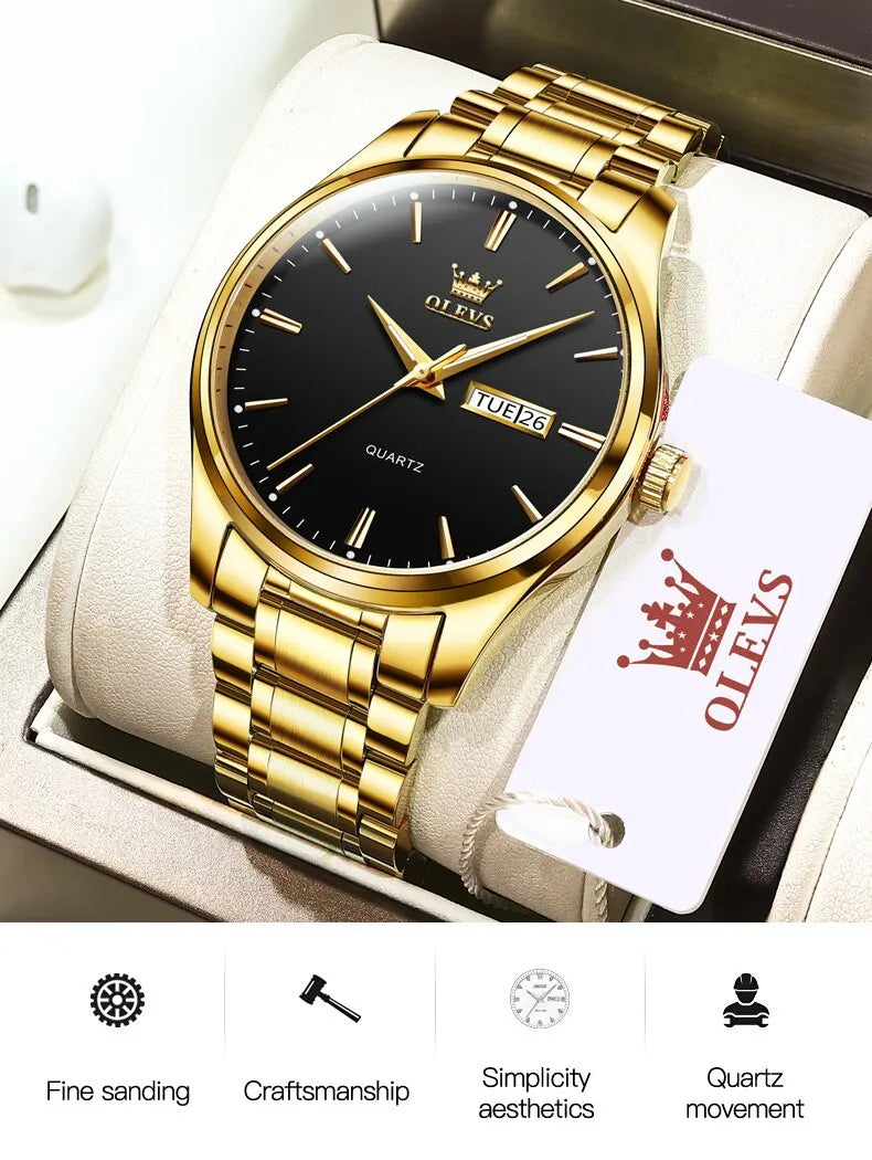 OLEVS Classic Gold Wrist Watches For Top Brand Luxury Business Date Waterproof Luminous Stainless Steel Men Quartz Wristwatch