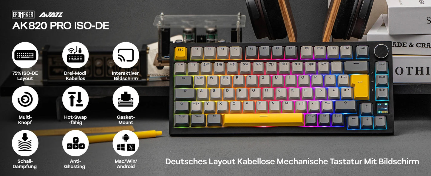 ISO-DE Layout AJAZZ AK820 PRO 75% QWERTZ German Layout Mechanical Keyboard Tri-Modes Wireless Keyboard with TFT Screen NKRO RGB