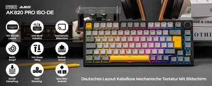 ISO-DE Layout AJAZZ AK820 PRO 75% QWERTZ German Layout Mechanical Keyboard Tri-Modes Wireless Keyboard with TFT Screen NKRO RGB