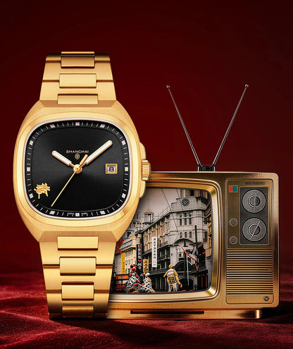 Shanghai Square Vintage Mechanical Watch 24K Gold Automatic Men's Watches 38mm Case 316L Stainless Steel Luxury Wristwatch SH030