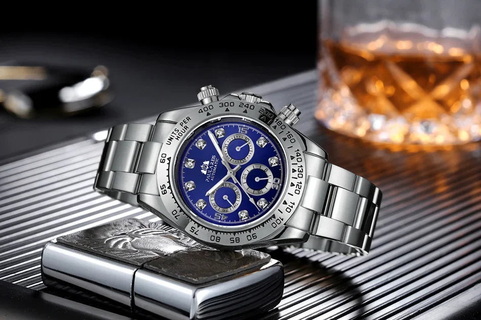 Automatic Mens Watch Mechanical Self Wind Movement Gold Black Stainless Steel Diamonds Stone Sports Luxury Fashion Watches