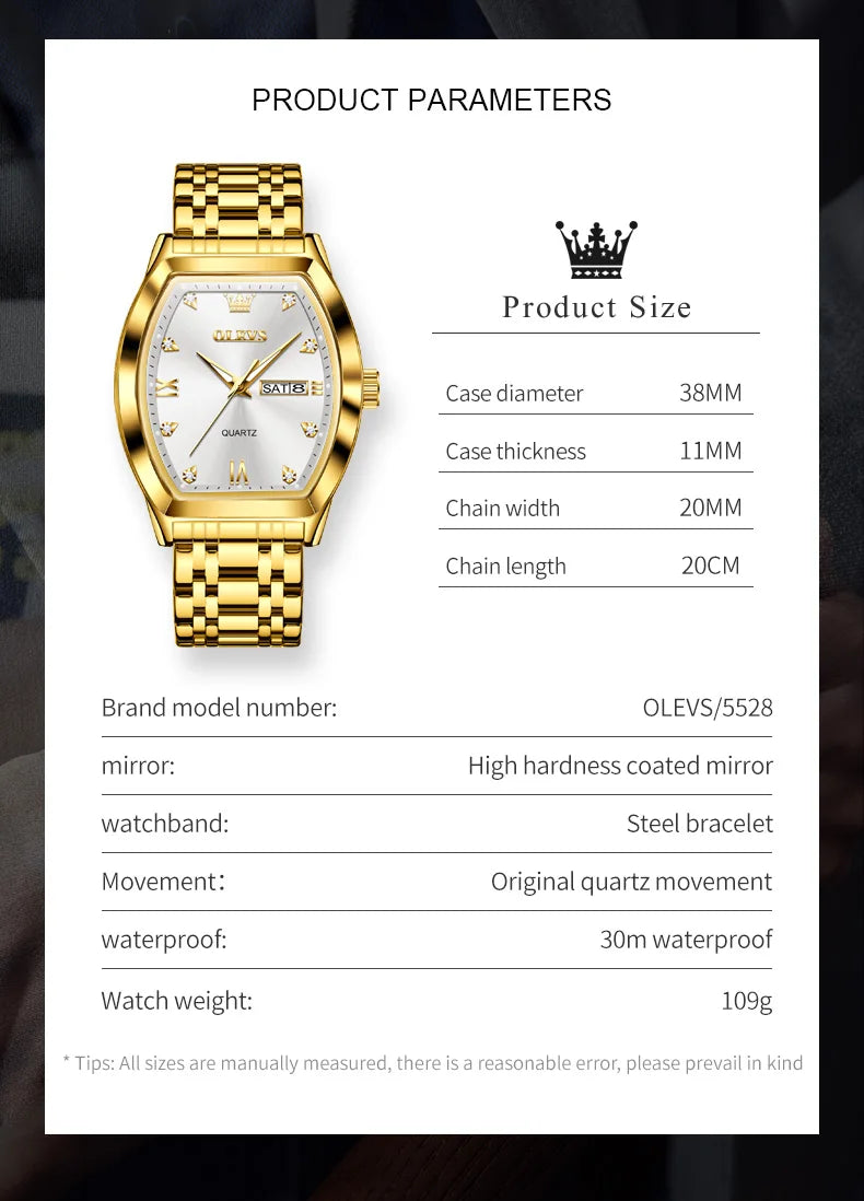 OLEVS New Men's Watches Quartz Luxury Gold Watch Classics Tonneau Dial Top Brand Waterproof Luminous Quartz Watch for Men 5528