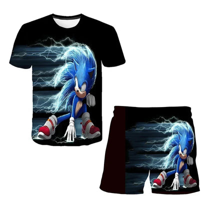 Fashion 3D Anime Children's T-shirt Set Sonic The Hedgehog Top Short Sleeve + Shorts Two-piece Set Girls Boys Cosplay Costume