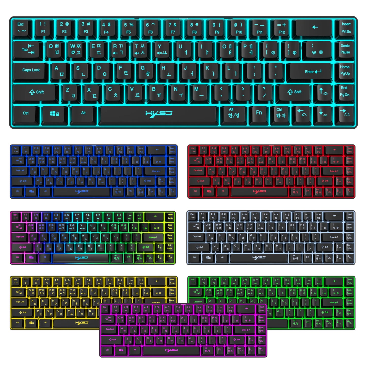 Teclado gaming de 68 teclas USB com fios portátil, retroiluminação RGB 20, teclado coreano para portáteis e computadores Windows