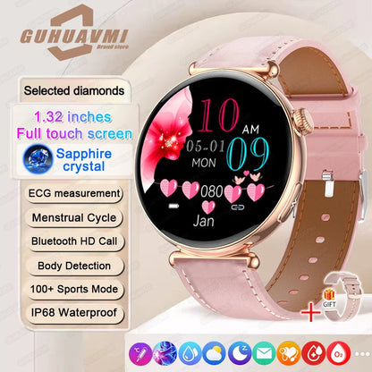 New 1.32inch Smart Watch For Women Health ECG Health Lady Watches Full Touch Screen Call Custom Dial Diamond Strap Smartwatch