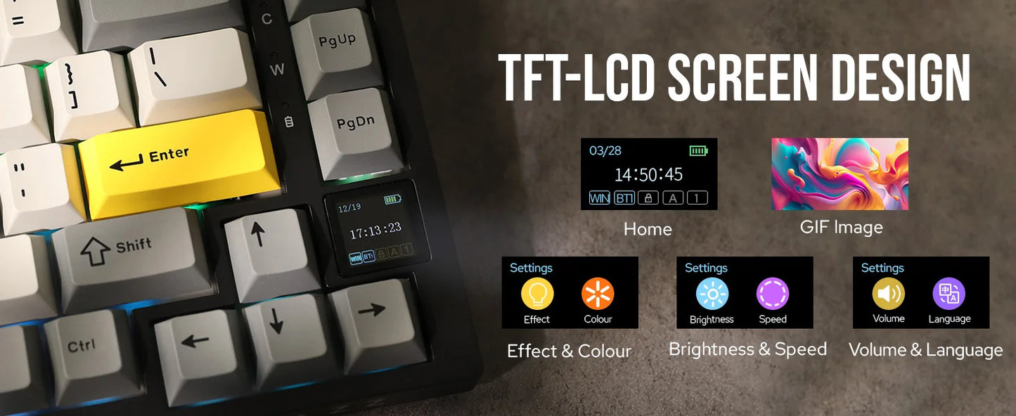 Teclado mecânico Ajazz AK820 Pro 75% com montagem gasket, Bluetooth 5.1/2.4G sem fios/com fios e ecrã TFT para Mac/Win