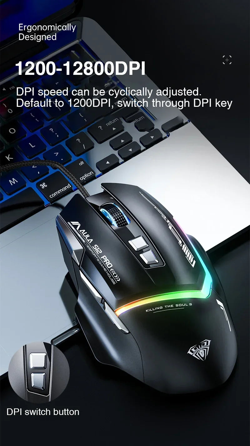 AULA S12Pro Wired Mechanical Mouse 1000HZ 12800DPI RGB Low Latency Macro Defines Esports Gaming Mouse PC Gamer Accessories